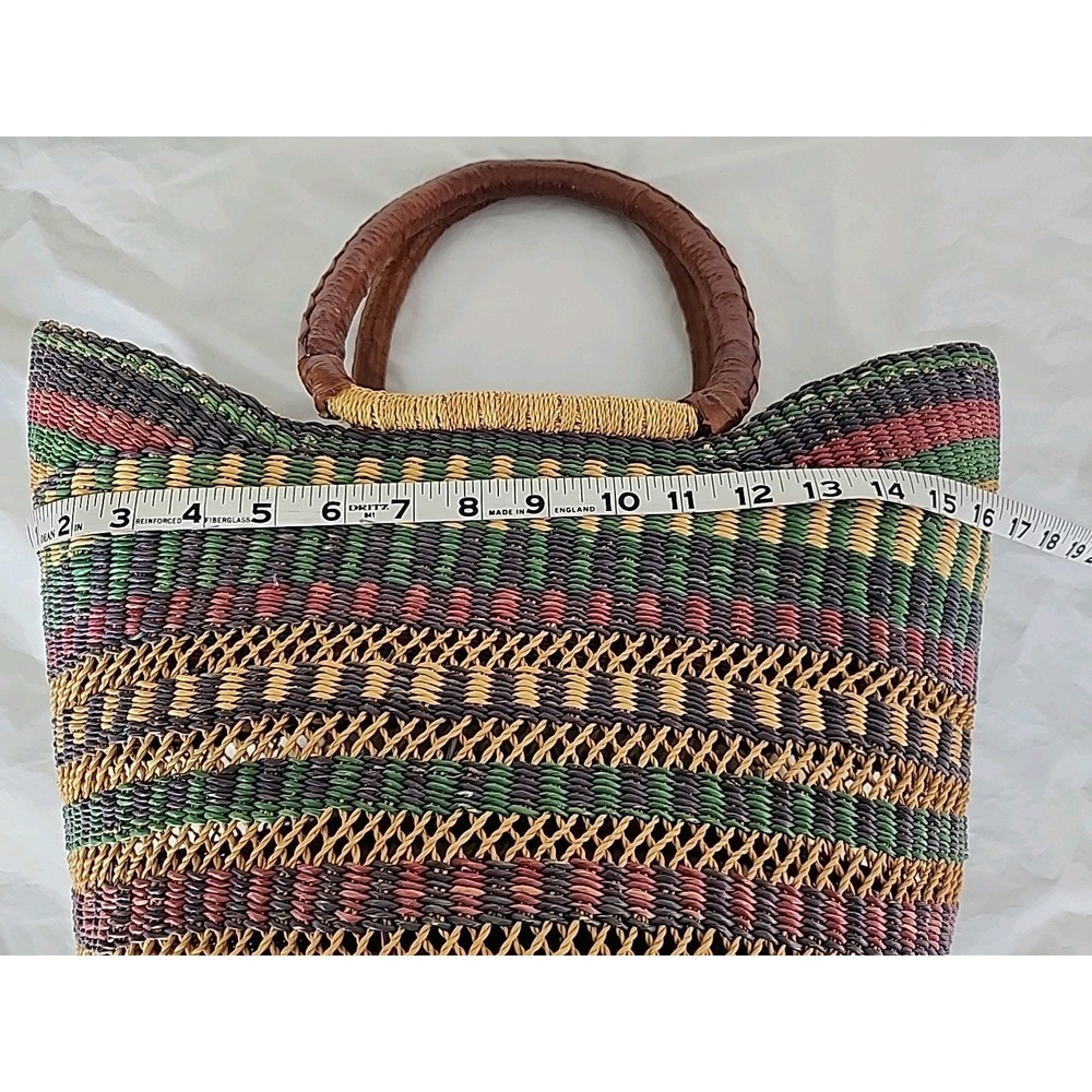 Hand-Woven Artisian Straw & Leather Tote Multicolor U Shopper Market Beach Boho - Picture 9 of 10